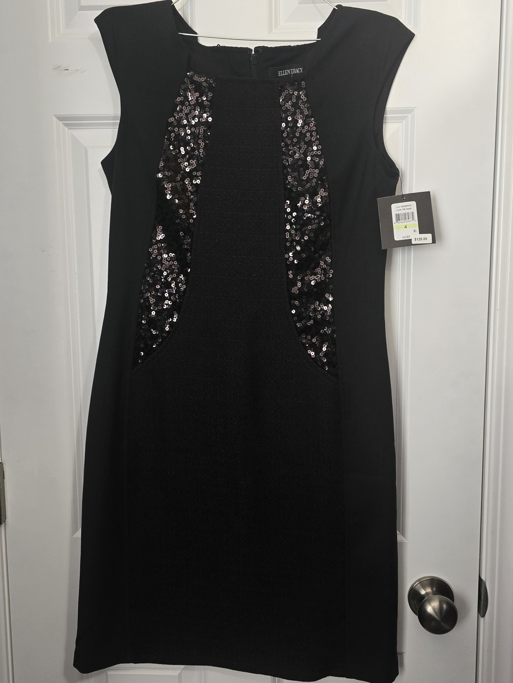 Ellen Tracy Black Sheath Dress with Sequin Panels
